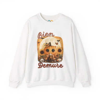 Crewneck Sweatshirt - Bien Demure Cute Pumpkin Holding Coffee for Halloween and Fall Activities