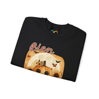 Crewneck Sweatshirt - Bien Demure Cute Pumpkin Holding Coffee for Halloween and Fall Activities