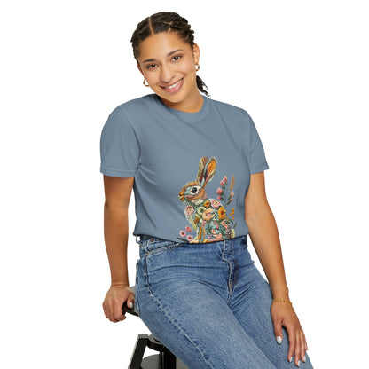 Floral Faux Embroidered Bunny Easter T-Shirt | Comfort Colors Bunny Shirt