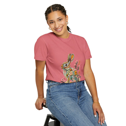 Floral Faux Embroidered Bunny Easter T-Shirt | Comfort Colors Bunny Shirt