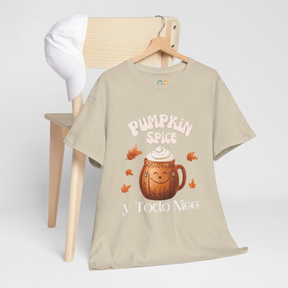 Pumpkin Spice y Todo Nice Unisex Heavy Cotton Tee, Autumn Shirt, Fall Apparel, Holiday Gift, Cozy Layering, Halloween T-Shirt