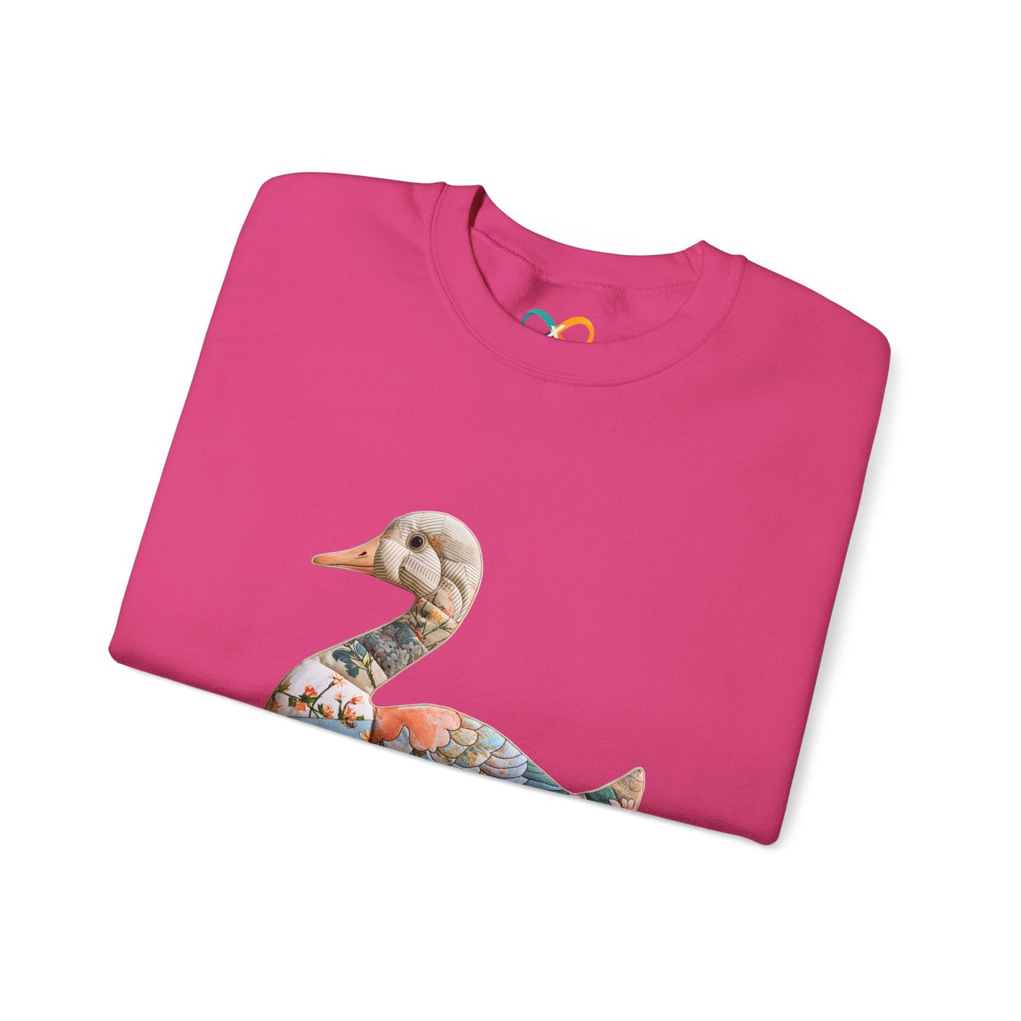 Goose FAUX Patchwork Crewneck Sweatshirt — Floral Decorative Duck Graphic Sweatshirt