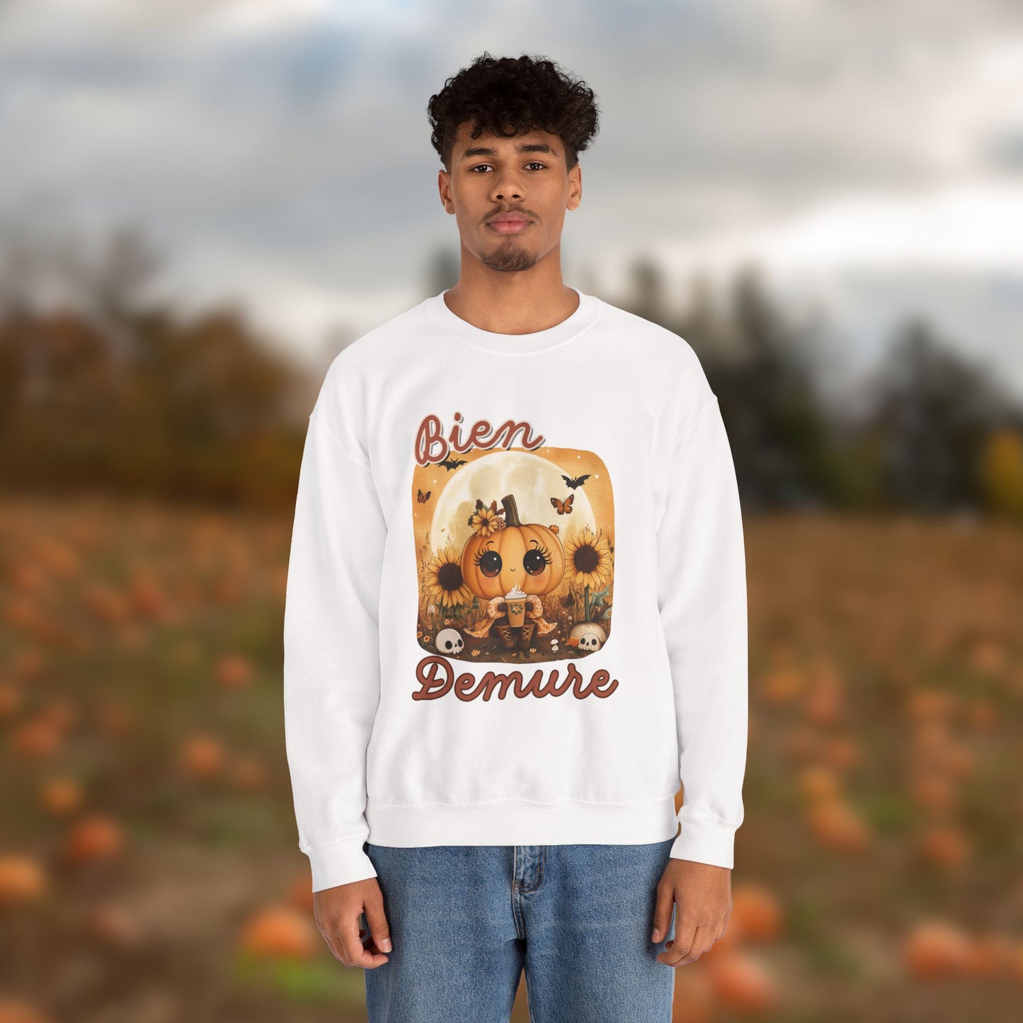 Crewneck Sweatshirt - Bien Demure Cute Pumpkin Holding Coffee for Halloween and Fall Activities