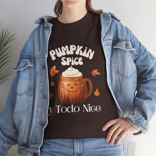 Pumpkin Spice y Todo Nice Unisex Heavy Cotton Tee, Autumn Shirt, Fall Apparel, Holiday Gift, Cozy Layering, Halloween T-Shirt