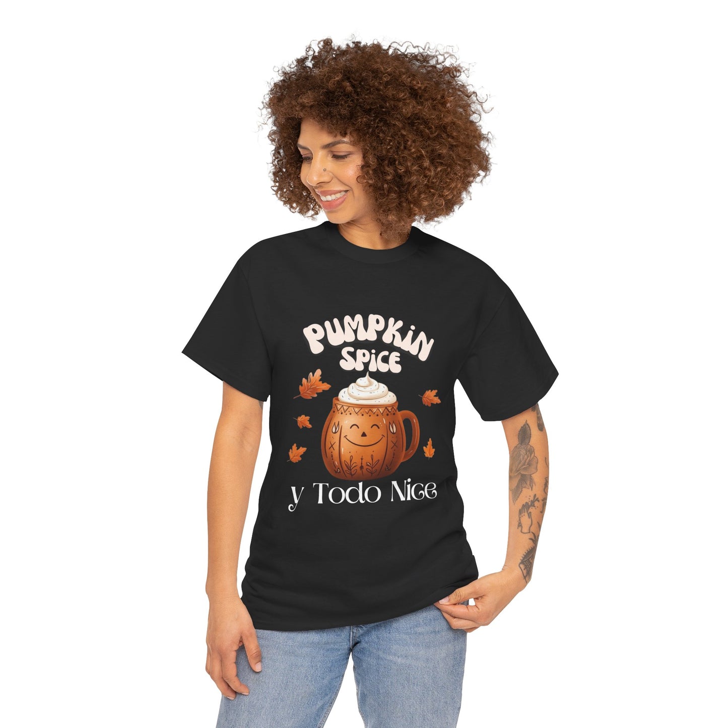 Pumpkin Spice y Todo Nice Unisex Heavy Cotton Tee, Autumn Shirt, Fall Apparel, Holiday Gift, Cozy Layering, Halloween T-Shirt