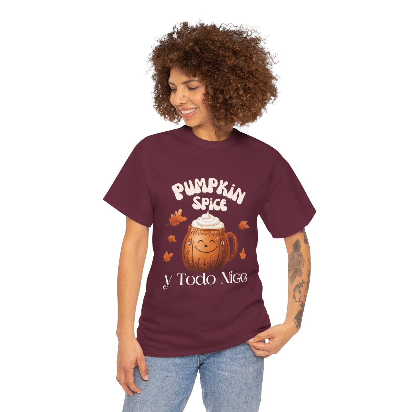 Pumpkin Spice y Todo Nice Unisex Heavy Cotton Tee, Autumn Shirt, Fall Apparel, Holiday Gift, Cozy Layering, Halloween T-Shirt