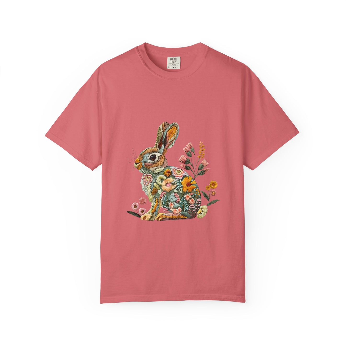 Floral Faux Embroidered Bunny Easter T-Shirt | Comfort Colors Bunny Shirt
