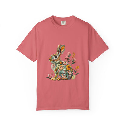 Floral Faux Embroidered Bunny Easter T-Shirt | Comfort Colors Bunny Shirt