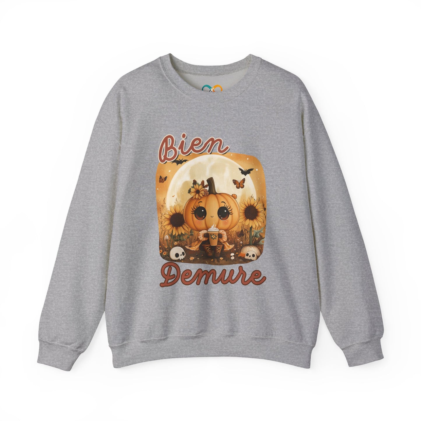 Crewneck Sweatshirt - Bien Demure Cute Pumpkin Holding Coffee for Halloween and Fall Activities