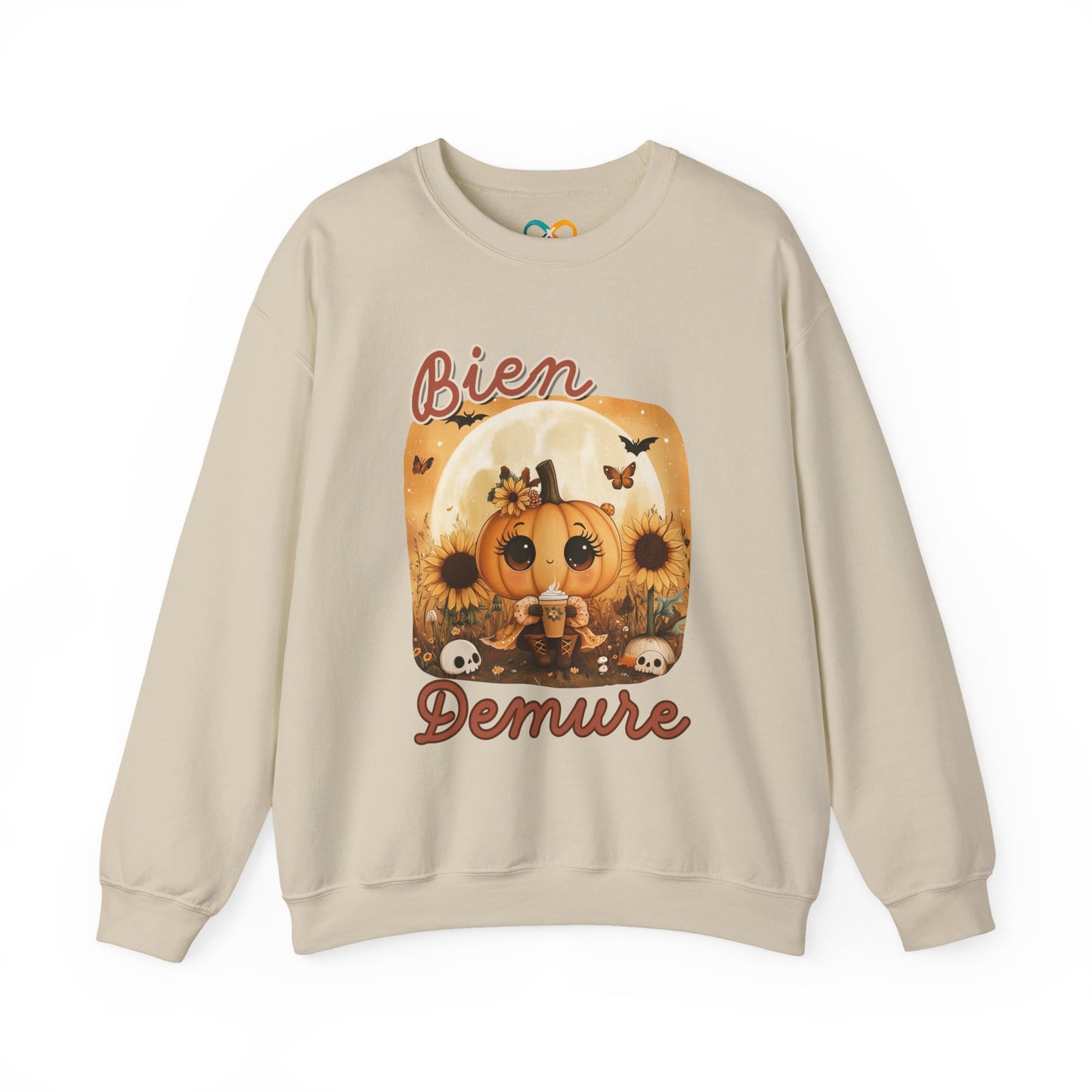 Crewneck Sweatshirt - Bien Demure Cute Pumpkin Holding Coffee for Halloween and Fall Activities