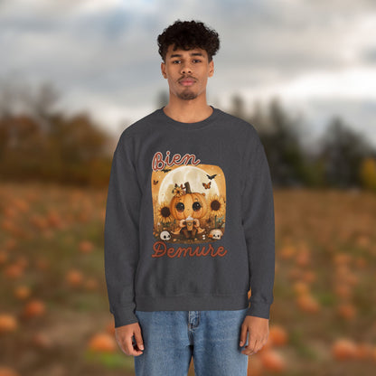 Crewneck Sweatshirt - Bien Demure Cute Pumpkin Holding Coffee for Halloween and Fall Activities