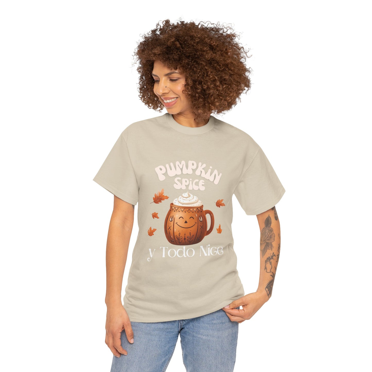 Pumpkin Spice y Todo Nice Unisex Heavy Cotton Tee, Autumn Shirt, Fall Apparel, Holiday Gift, Cozy Layering, Halloween T-Shirt
