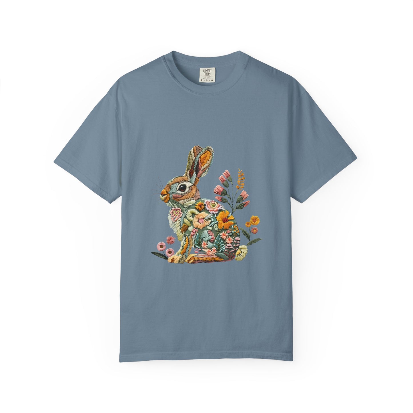 Floral Faux Embroidered Bunny Easter T-Shirt | Comfort Colors Bunny Shirt