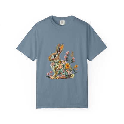 Floral Faux Embroidered Bunny Easter T-Shirt | Comfort Colors Bunny Shirt